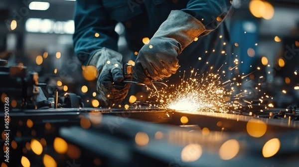 Fototapeta Close up of Worker's Hands Using Grinding Tool, Sparks Flying, Industrial Setting