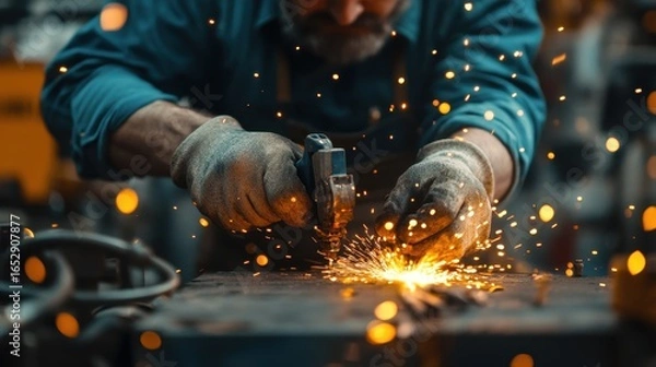 Fototapeta Closeup of a Blacksmith Working with Sparks Flying from Metal