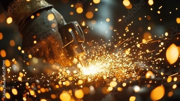 Fototapeta Closeup of a Gloved Hand Working with Sparks and Glowing Metal