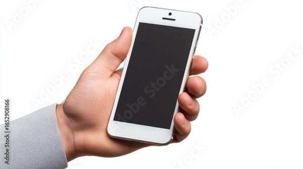 Fototapeta Closeup of a Hand Holding a White Smartphone with Blank Screen Against a White Background