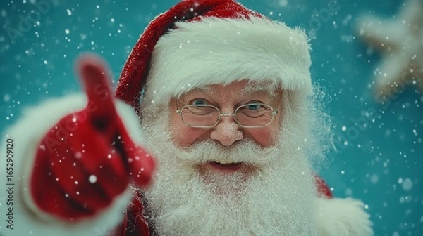 Fototapeta Closeup Portrait of Santa Claus Pointing in Snowy Winter Scene