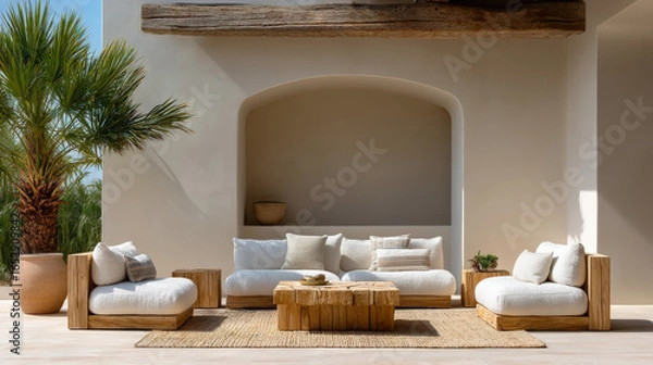 Fototapeta Luxurious outdoor seating area featuring wooden coffee table, plush white cushions, and natural fiber rug. serene environment is enhanced by palm trees and minimalist design