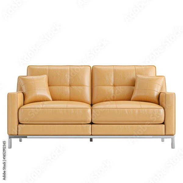 Fototapeta Modern Leather Sofa with Minimalist Design and Comfortable Cushions in Warm Neutral Color Scheme