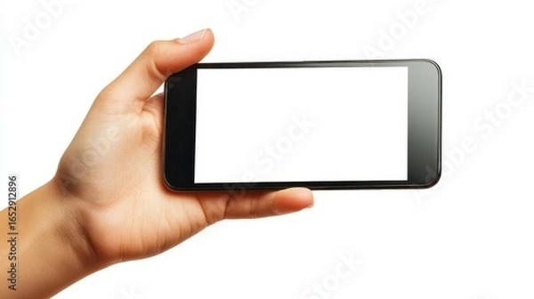 Fototapeta Hand Holding Smartphone with Blank White Screen on White Background