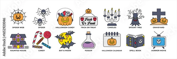 Obraz Halloween Icon Set Line Color Style with Spider Web, Candy, Haunted House, Graveyard, and More