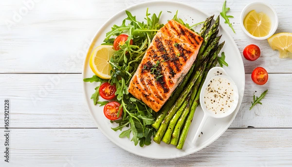 Fototapeta Baked salmon garnished with asparagus and tomatoes with herbs.Top view
