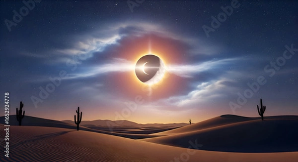 Fototapeta Desert Landscape with Lunar Eclipse and Cactus Silhouettes