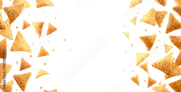 Fototapeta Falling triangular yellow tortilla chips isolated on a transparent background