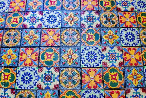 Fototapeta Colorful tiled cafe table, abstract backgrounds, Greece