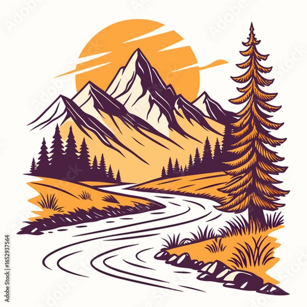 Obraz Mountain Landscape Scene with River and Trees