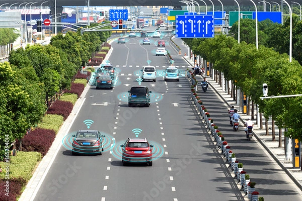 Fototapeta Smart car (HUD) , Autonomous self-driving mode vehicle on metro city road iot concept with graphic sensor radar signal system and internet sensor connect.