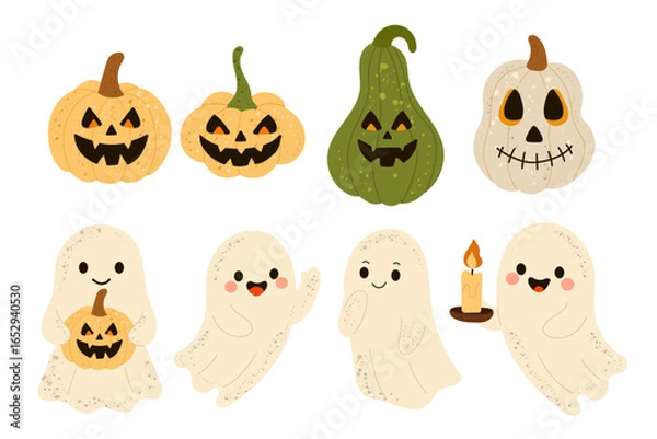 Fototapeta Halloween ghost and pumpkin vector set — cute cartoon illustration of smiling ghosts with jack-o’-lanterns, spooky carved pumpkins, funny gourds, and candlelight. Perfect for Halloween clipart.