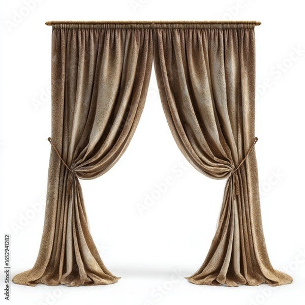 Fototapeta Elegant curtains in rich brown tones with intricate folds and details, evoking a sense of luxury and sophistication. The curtains are tied back to create a graceful, open doorway or window space.