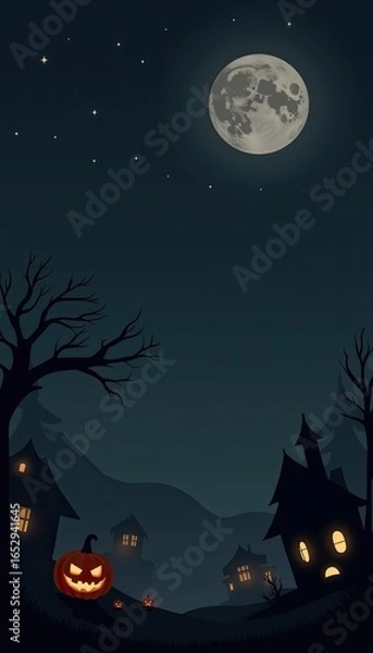 Fototapeta A spooky halloween night scene with a glowing jackolantern in the foreground, silhouetted haunted houses, bare trees, and a full moon in the dark, starry sky, creating an eerie and festive atmosphere