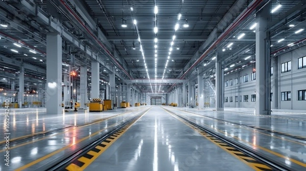Fototapeta Modern smart factory interior, empty hall with robotic tracks on the floor, clean industrial surfaces, futuristic LED lighting