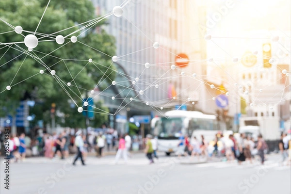 Fototapeta Big data, IoT, technologia sztucznej inteligencji (AI) wszędzie, koncepcja technologii inteligentnego miasta. Sieci neuronowe łączą atomy i rozmywają tło mieszkańców miasta. Renderowanie 3D.