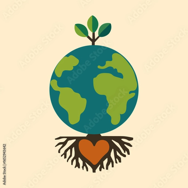Fototapeta vector illustration of Earth with tree roots forming a heart shape, symbolizing environmental love and conservation. Perfect for eco-conscious campaigns, educational materials, and sustainability proj
