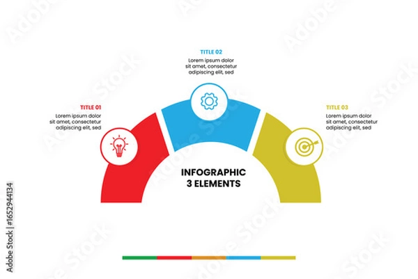 Obraz Circular 3-step infographic template with modern arcs. Ideal for presenting interconnected ideas, processes, or key elements. Fully editable