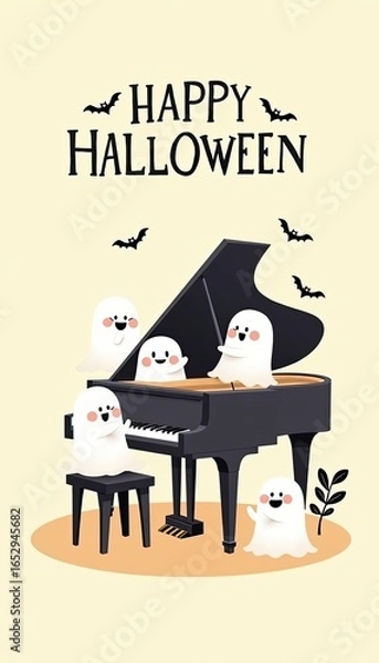 Fototapeta Cute ghosts playing a grand piano with bats flying around, celebrating happy halloween with music and fun, a whimsical and adorable illustration perfect for holiday decorations and party invitations