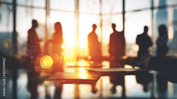 Obraz Team Collaboration Scene with Warm Golden Light Creating Dramatic Business Atmosphere