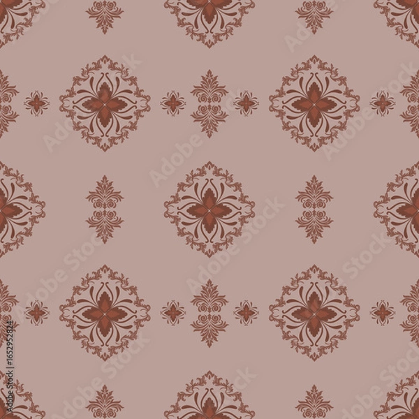 Fototapeta Seamless vintage damask pattern in red on pink background, elegant ornamental floral design for wallpaper, fabric, and home decor.