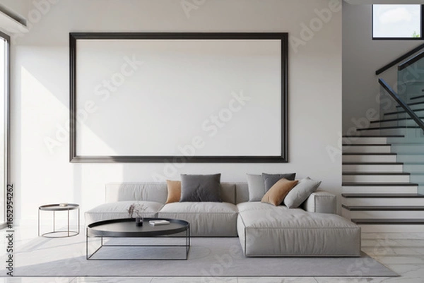Obraz Modern minimalist living room with large blank canvas, sectional sofa, and modern staircase.