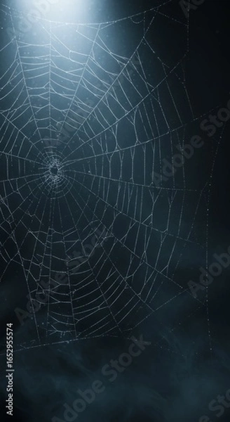 Fototapeta Spider web with dew in foggy light