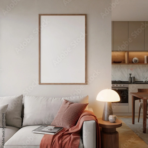 Fototapeta Modern minimalist living room interior mockup with large blank frame, neutral tones, and warm lighting.