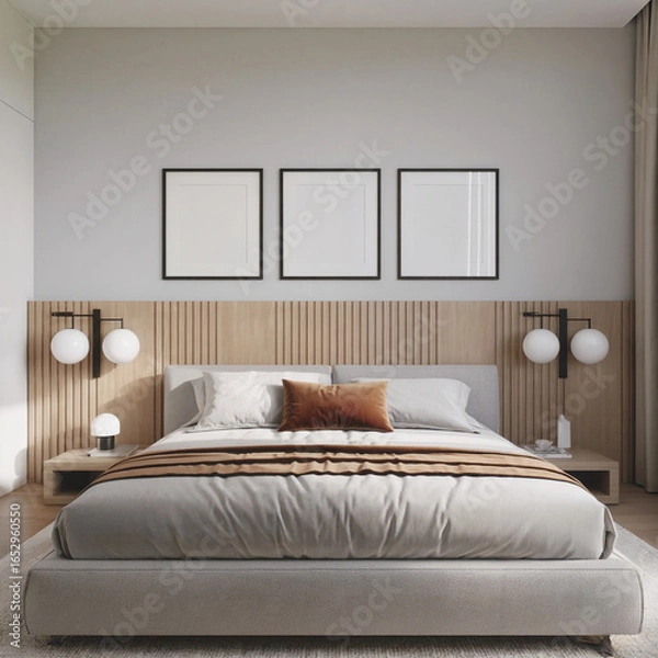 Fototapeta Modern Minimalist Bedroom Interior: Neutral Tones, Wooden Accents, and Mock-Up Frames.