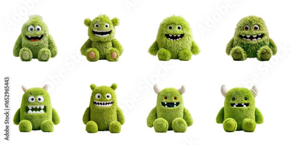 Fototapeta Playful green monster plush toys product fun concept, isolated on transparent background, png set