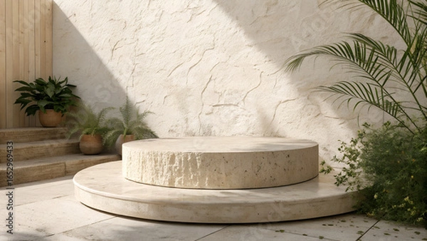 Fototapeta travertine podium for aesthetic product advertisement. podium for product display