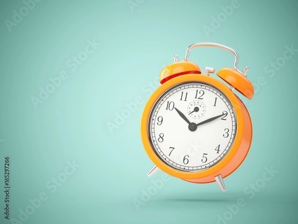 Obraz 3D rendering orange alarm clock isolated on green background