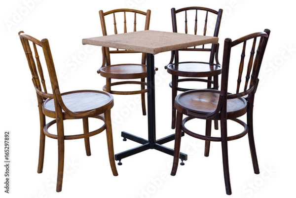 Fototapeta Set of wood table and chairs isolated on white background