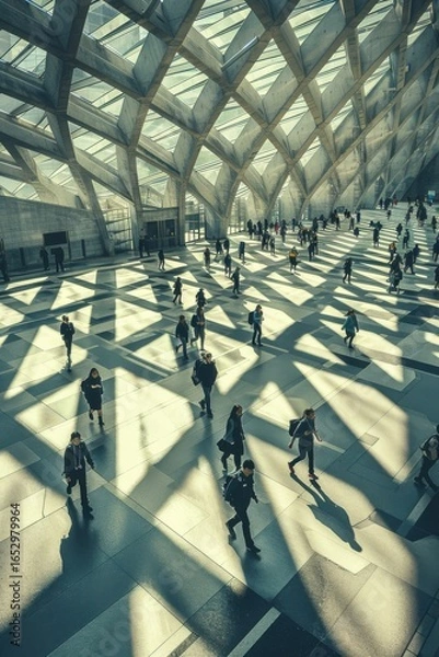 Fototapeta Birds-eye view of students navigating intersecting corridors. Geometric patterns of skylight enhance the architectural composition and figures' artificial poses.