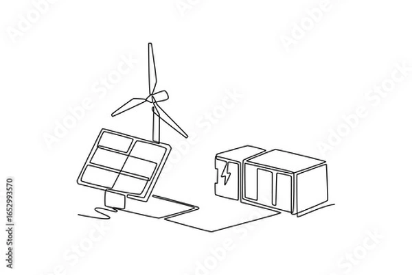 Fototapeta Smart grid virtual battery energy storage network concept. Single line draw design. Vector graphic illustration