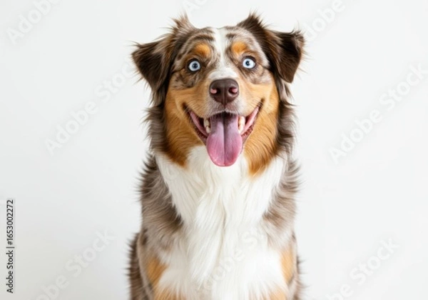 Fototapeta Happy australian shepherd dog with bright blue eyes, isolated on white background