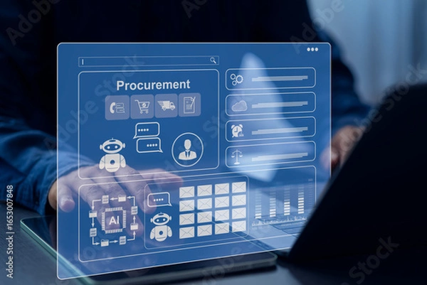 Fototapeta Businessman using digital procurement system with AI technology, managing supply chain, communication, and data analytics for modern business efficiency.