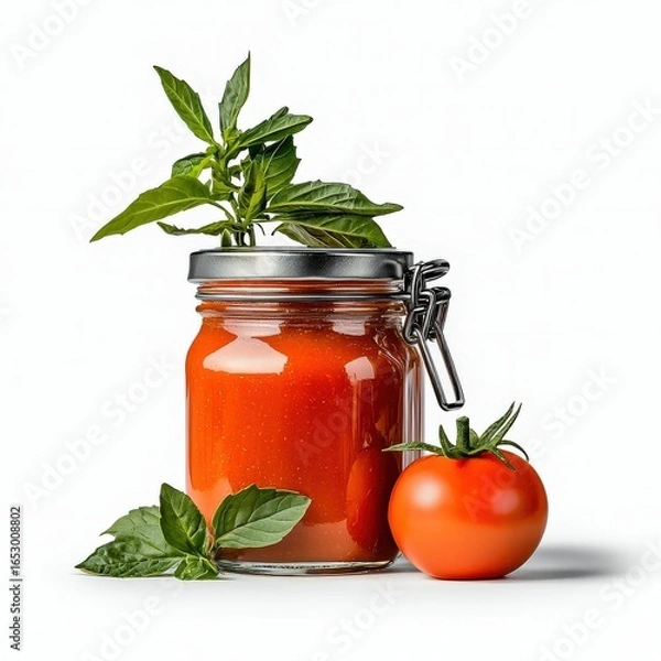 Obraz A jar of vibrant homemade tomato sauce with fresh basil is displayed beside a ripe tomato against a clean white background, evoking the flavors of Italy.