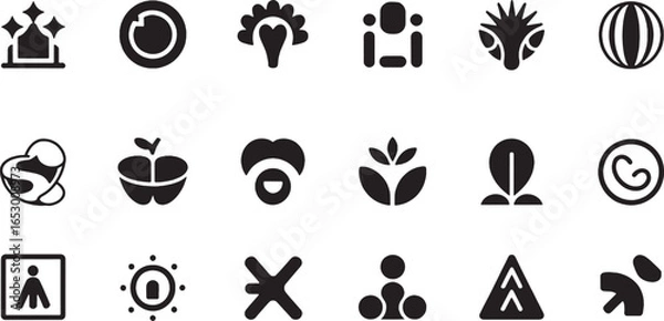 Fototapeta Assorted collection of simple silhouette icons in black showing different symbols such as flowers clocks location signs and travel related graphic elements in minimal