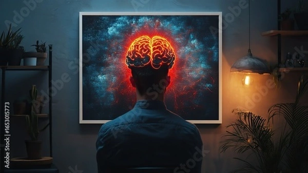 Fototapeta Emotional wellness art showing red glow in heart and brain zones of a back-facing male, 