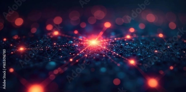 Fototapeta A network of glowing nodes and connecting lines representing innovative ideas and technological collaboration, visualized in a futuristic abstract style , modern, AI, energy