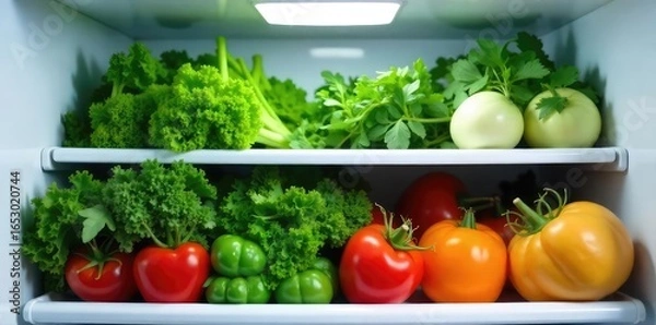 Fototapeta Crisp, fresh green vegetables stored in a modern refrigerator, ready for healthy meals Maintain freshness and reduce food waste with organized fridge storage , herbs, cool, healthy