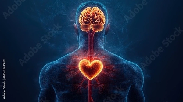 Fototapeta Realistic cross-sectional illustration of brain and heart in glow-map format, overlaid on a male torso, hinting at emotional intelligence,