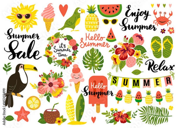 Fototapeta Summer set, hand drawn elements- calligraphy, flowers, tropical leaf, birds, wreaths, and other. Perfect for web, card, poster, cover, tag, invitation, sticker kit. Vector illustration