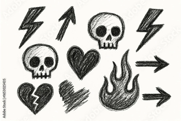 Fototapeta Hand-Drawn Grunge Punk and Rock Icon Set with Lightning, Skulls, Hearts, Flames, and Arrows