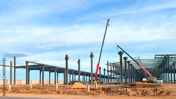 Fototapeta Factory industrial building framework with workers and crane trucks are lifting metal roof beam to installing on top of warehouse structure in construction site against blue sky background
