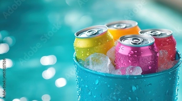 Fototapeta three colorful cans in a turquoise bucket filled with ice cubes, pool background