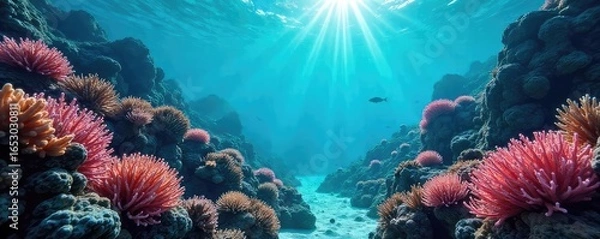 Fototapeta A futuristic, immersive underwater scene depicting a vibrant coral reef teeming with life, representing the interconnectedness and vastness of the teal internet , teal, digital ocean