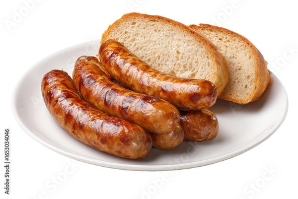 Fototapeta Grilled sausages and bread slices on a white plate