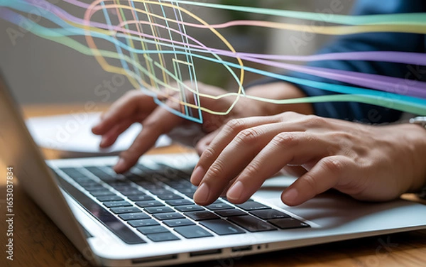 Fototapeta Person typing on laptop with colorful graphic overlay image